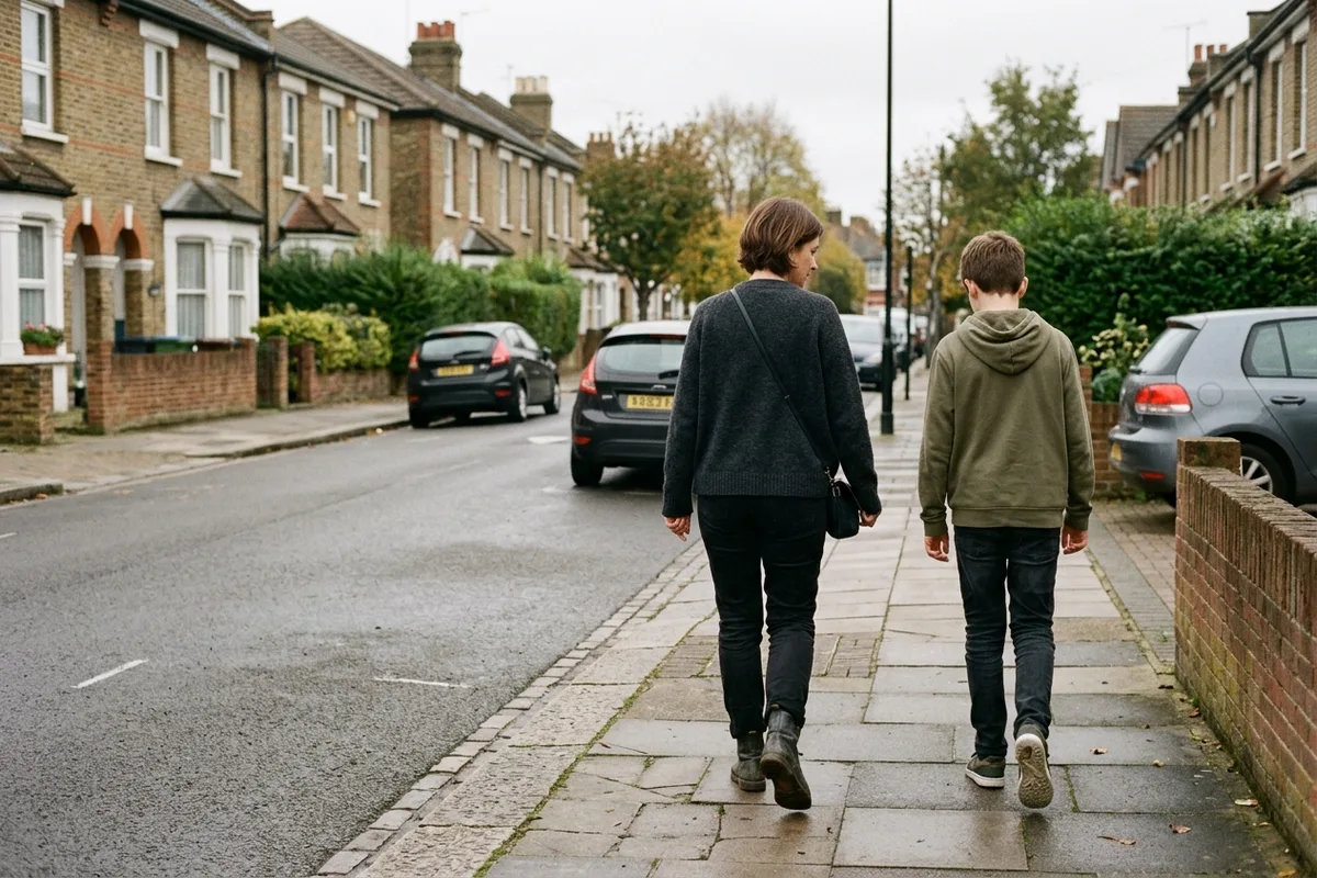 Two teenagers walking away down a terraced street