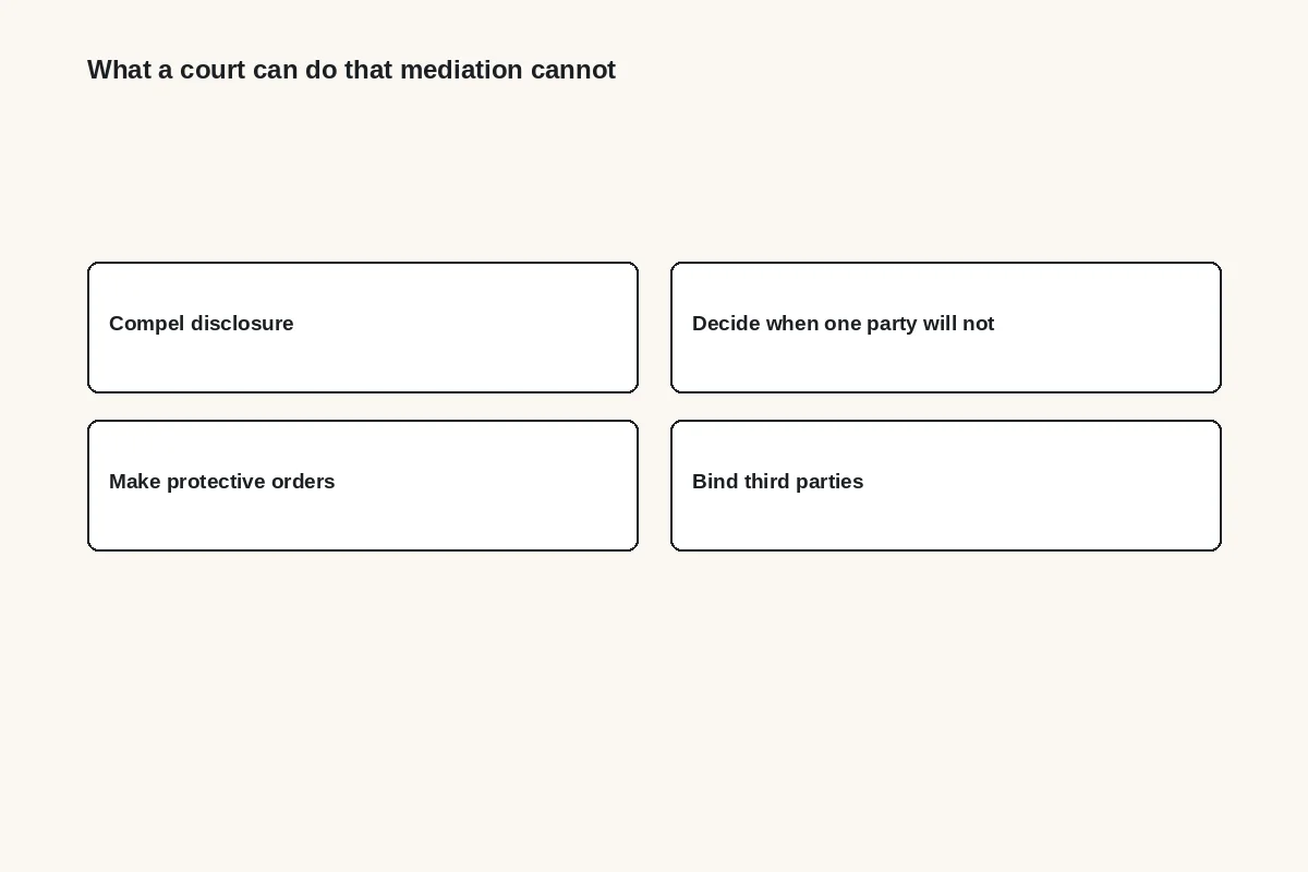 Diagram: what a court can do that mediation cannot: compel disclosure, decide when one party will not, make protective orders, bind third parties