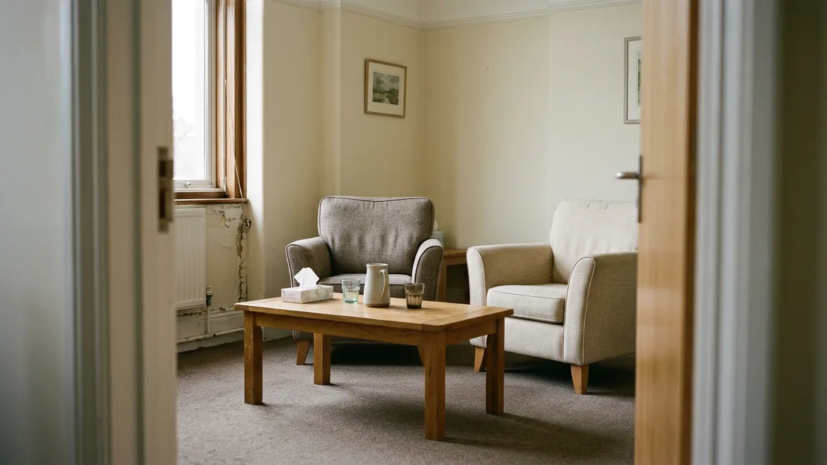 A quiet consulting room with two armchairs, a low table and a box of tissues
