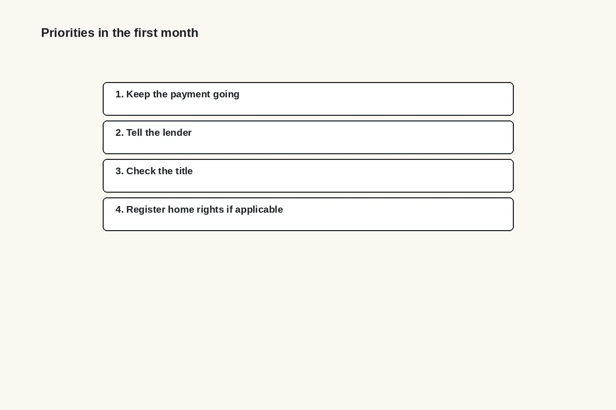 Diagram: priorities in the first month: keep the payment going, tell the lender, check the title, register home rights if applicable