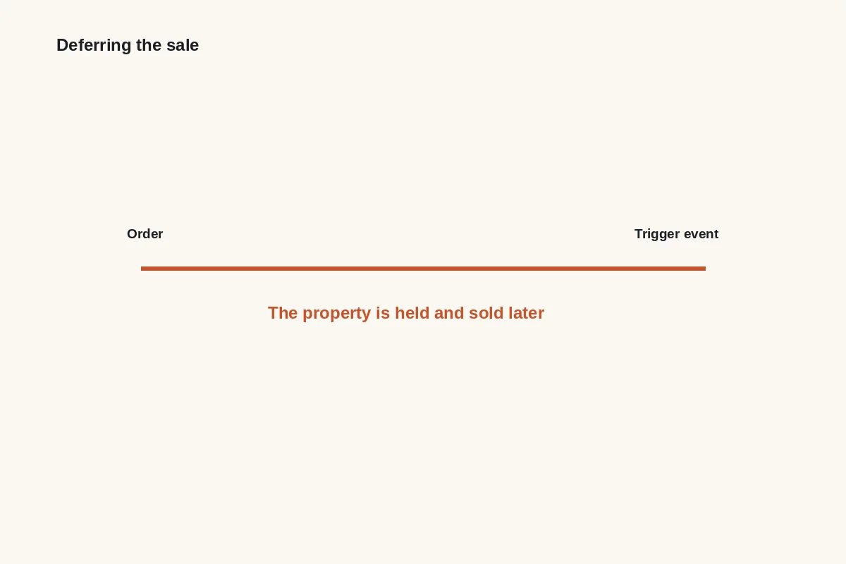 Diagram: an order defers the sale until a trigger event; the property is held and sold later