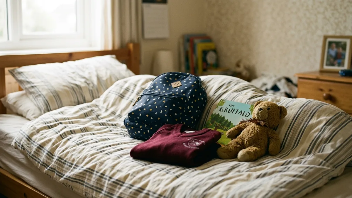 A child's bed with a packed bag, a jumper and a soft toy laid out on it