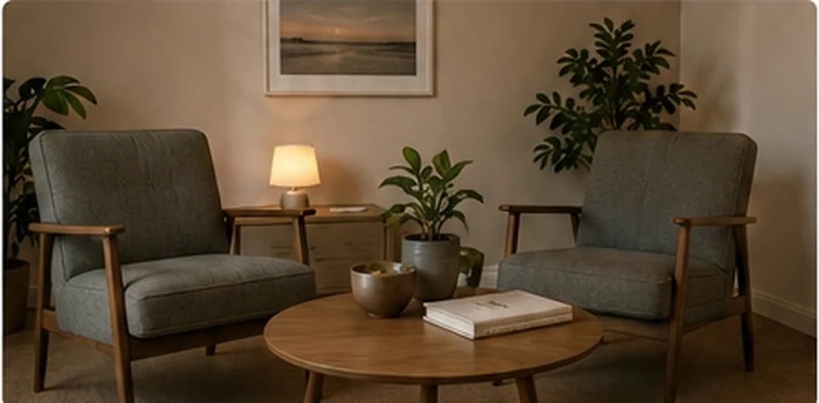 Two armchairs and a low table in a quiet, softly lit meeting room