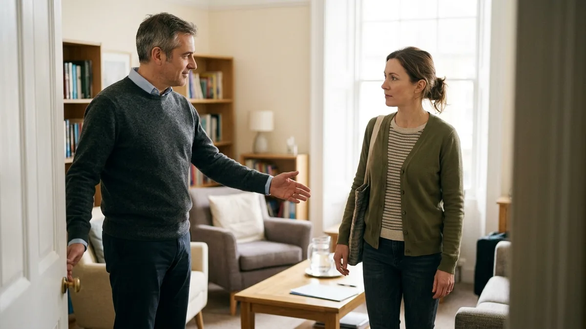 Two people greeting each other in a bright sitting room, a hand extended
