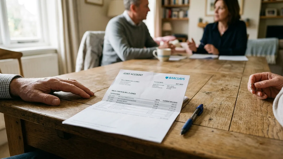 A credit card statement on a table between two people in conversation