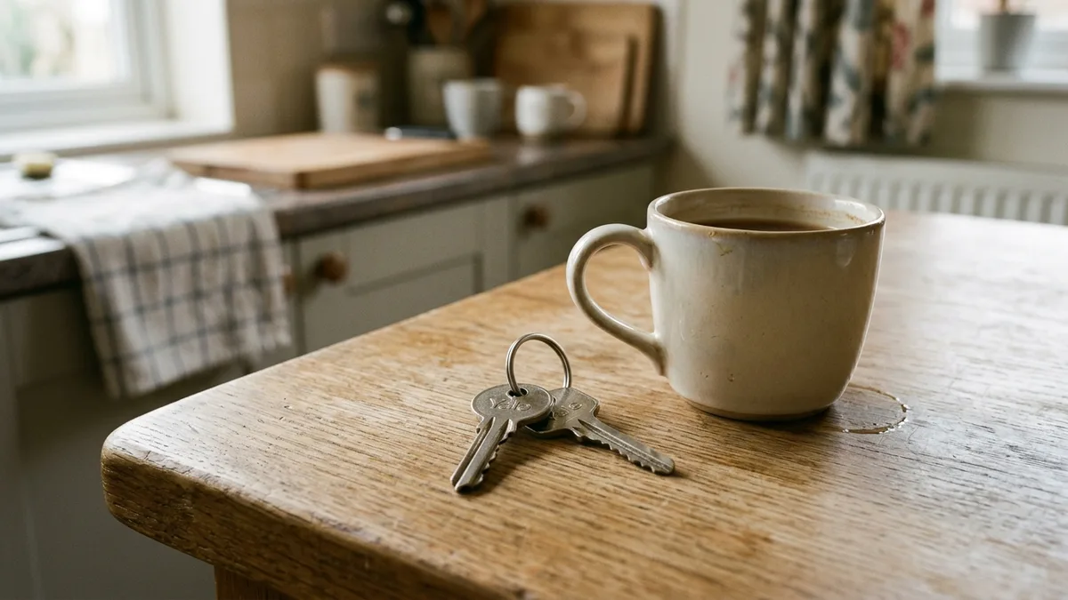 A set of house keys and a mug on a kitchen table