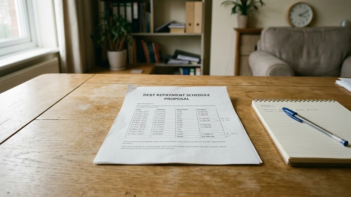 A printed debt repayment schedule and a notebook on a dining table