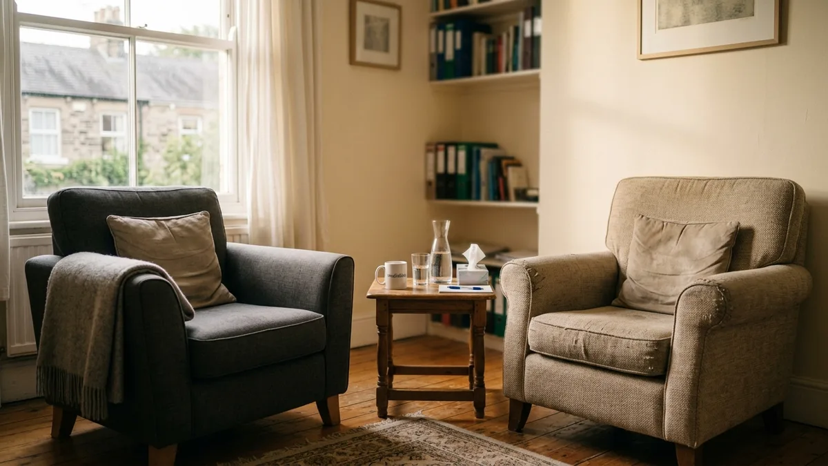 Two empty armchairs either side of a small table in a quiet room
