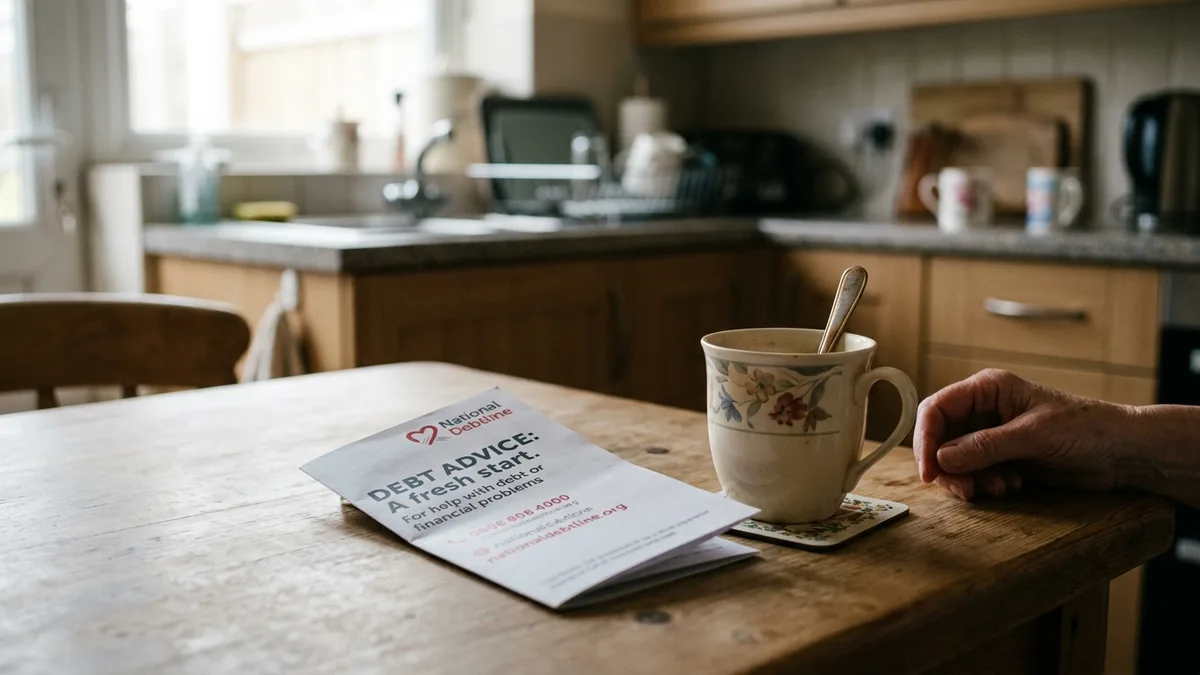 A free debt advice leaflet and a cup of tea on a kitchen table